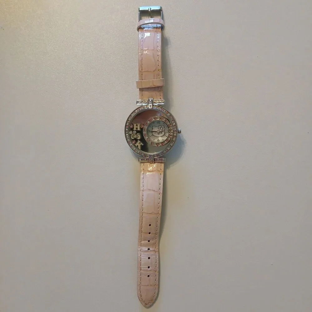 Sanrio Hello Kitty Women Rhinestone Floating Charm Pink Leather Strap Watch 40mm